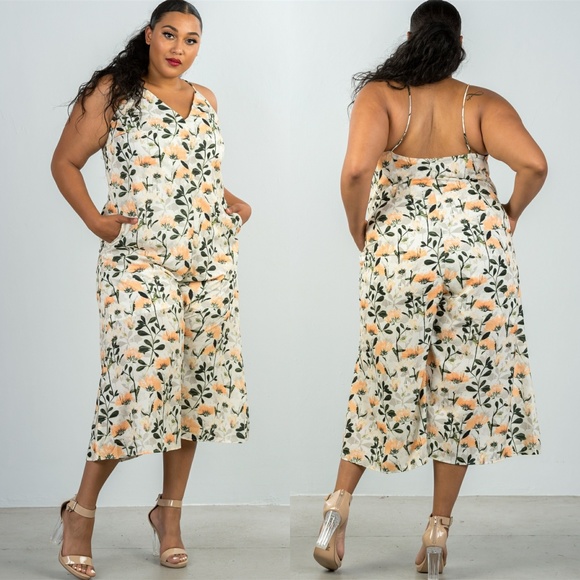 1x-3x PLUS SIZE YELLOW & FLORAL CAPRI JUMPSUIT - Picture 2 of 7